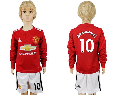 Manchester United #10 Ibrahimovic Home Long Sleeves Kid Soccer Club Jersey - Click Image to Close